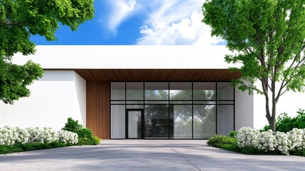 Modern Architectural Design Featuring a Minimalist Facade with Expansive Glass Panels Surrounded by Lush Greenery and Bright Blue Sky in Daylight