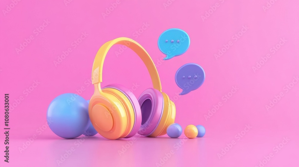 Poster abstract customer support concept with headset and speech bubbles, minimal design showcasing communi