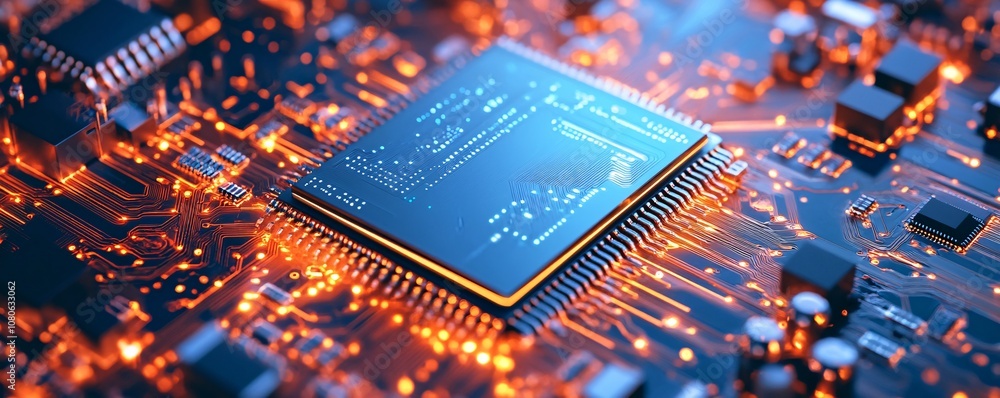 Poster Cpu processing data on futuristic circuit board with glowing connections