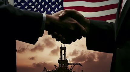 Handshake between oil executives in front of an oil rig and an American flag. Petrodollars 