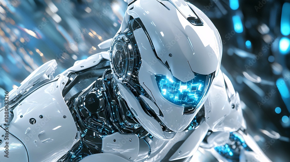 Aufkleber Futuristic white robot exploring digital world with glowing eyes