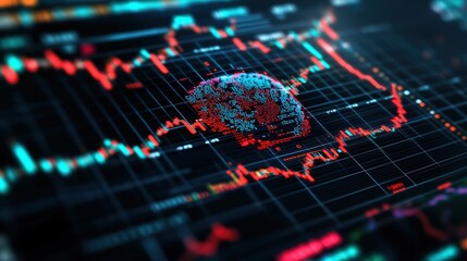 Digital brain overlaid on fluctuating stock market data, signifying the intersection of AI and finance.