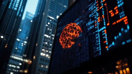 Digital brain on city billboard surrounded by skyscrapers, symbolizing AI in urban landscape.