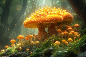 Enchanting Forest Mushrooms with Sunbeams