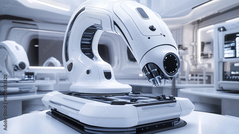 Poster Futuristic robotic arm analyzing samples in a sterile laboratory setting