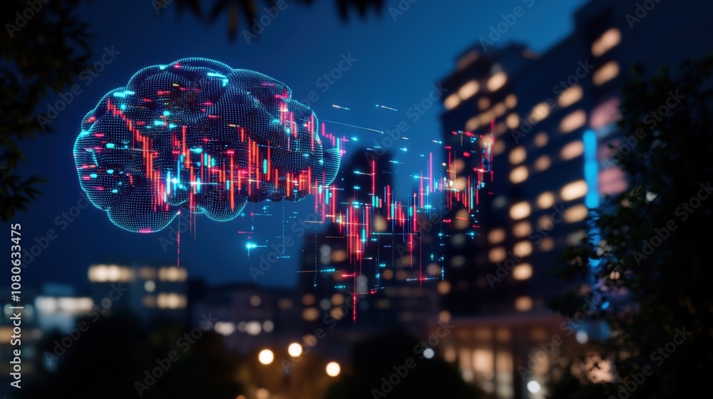 Poster digital brain overlay on city skyline, illustrating ai integration and futuristic data analysis at n
