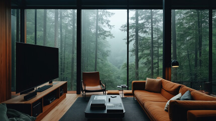 Fototapeta premium Modern living room with large windows overlooking a foggy forest, featuring an orange sofa, television, armchair, and floor lamp.