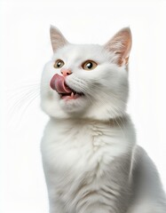 A playful white cat licking its lips against  a white background.