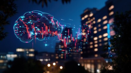 Digital brain overlay on city skyline, illustrating AI integration and futuristic data analysis at night.