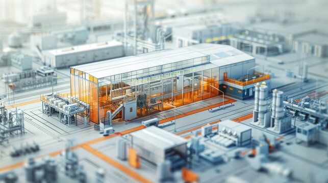 A miniature model of a modern industrial complex with a variety of buildings and machinery, showcasing a futuristic vision of manufacturing.