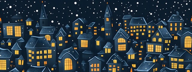 A pattern of small houses with glowing windows, surrounded by snow-covered roofs and streets in the night sky.