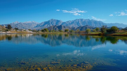 Fototapeta premium A serene mountain lake with crystal clear water reflecting the surrounding mountains and sky.