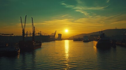 Fototapeta premium A picturesque sunset over a bustling harbor with ships and cranes silhouetted against the golden sky.
