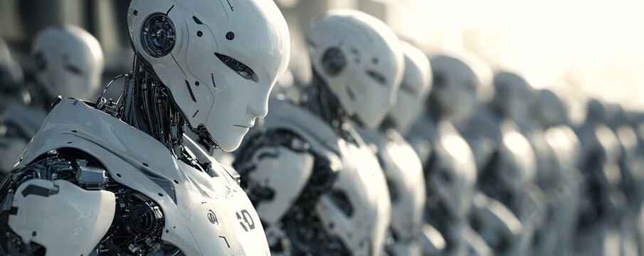 White robots army standing united and waiting for orders