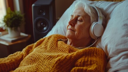 A serene elderly woman relaxes in bed while listening to music through her headphones in a cozy room during the afternoon