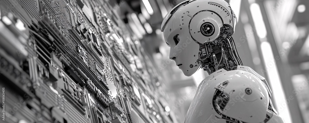 Poster futuristic robot examining complex circuitry in monochrome