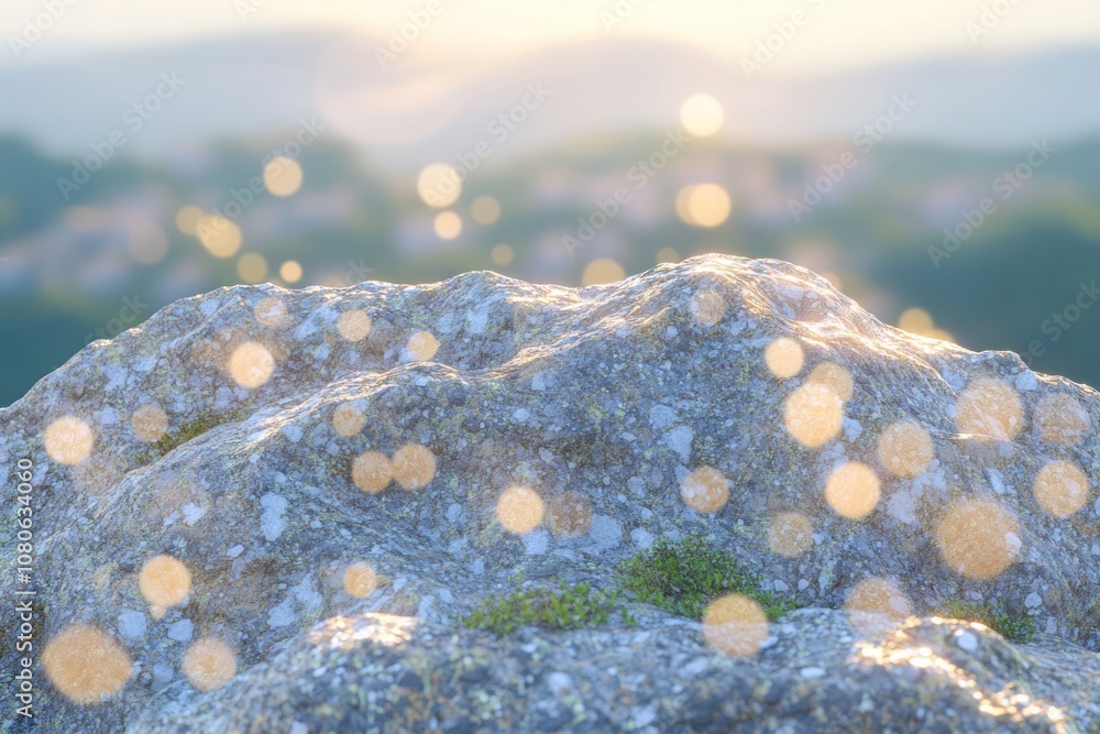 Poster a close-up of a textured rock with soft bokeh lights in a natural landscape.