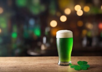 Glass of green festive beer and clover shamrock on wooden table. Blurred background with lights. St. Patrick Day Festival Banner. Template with copy space and montage. Generative Ai