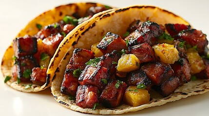 Mexican street taco with al pastor pork, pineapple, isolated on white background