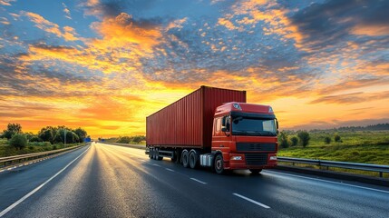 A red semi-trailer truck drives on a highway at sunset with a beautiful fiery sky.