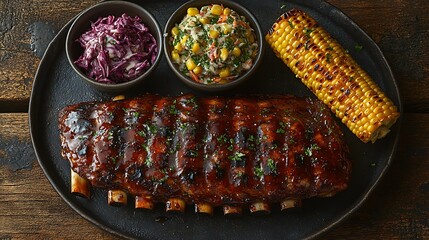 Photo-realistic American BBQ ribs with smoky glaze, corn on the cob, and coleslaw on a rustic table