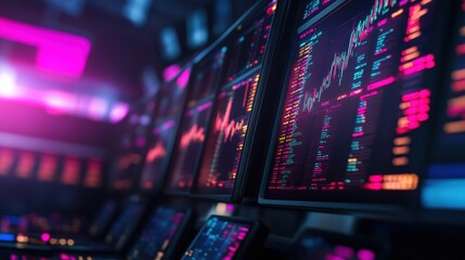 Obraz premium Digital trading screens with vibrant stock market graphs showing financial data in neon colors.