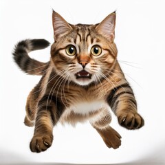 A surprised tabby cat leaps energetically, showcasing its agility a white background.