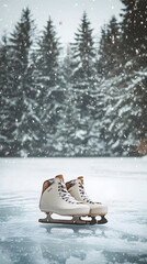 Skate boots resting on a frozen lake in a snowy forest setting during winter afternoon