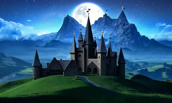 castle on the hill at night. composite fantasy landscape. grassy meadow in the foreground. rocky peaks of the ridge in the distant background in full moon light