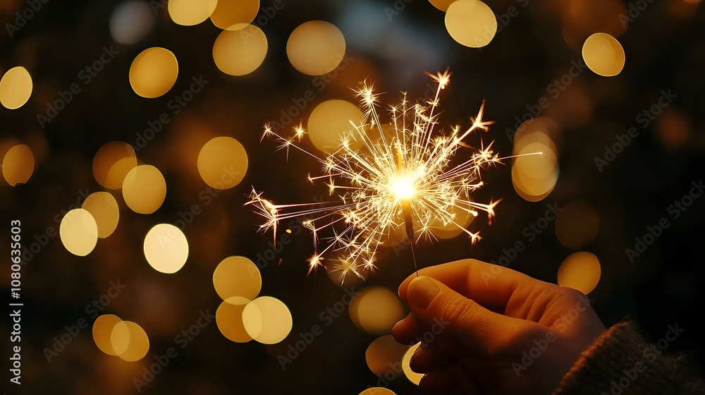 Poster a hand holds a sparkler that glows vividly in a soft, blurred setting. generative ai.