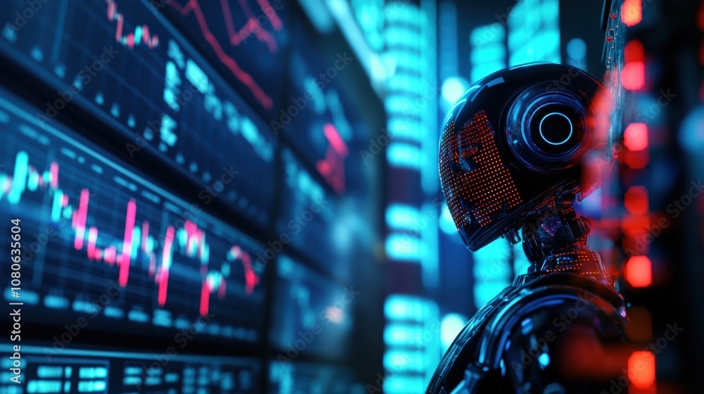 Poster futuristic ai analyzing financial data on multiple screens in a high-tech environment.