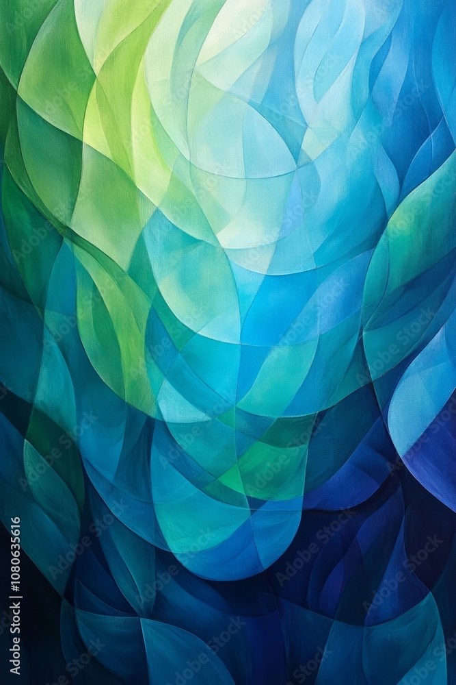Poster Vibrant abstract artwork featuring blue and green geometric patterns with fluid shapes and overlapping layers, creating a modern artistic design.