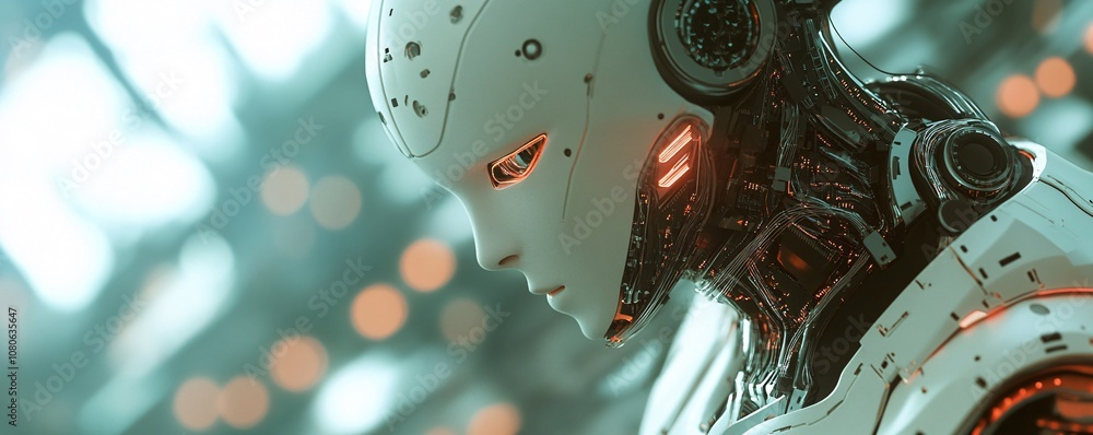 Poster futuristic android contemplating in a technological environment