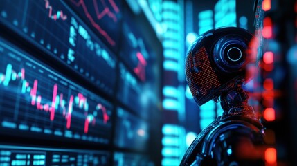 Futuristic AI analyzing financial data on multiple screens in a high-tech environment.