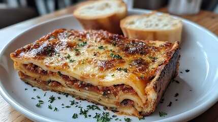 Italian lasagna slice with garlic bread, cozy Italian family kitchen