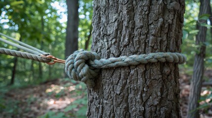 Close-up of a rope tied around a tree trunk with a knot in a forest.