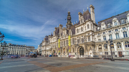 Hotel de Ville or Paris city hall timelapse hyperlapse in sunny day.
