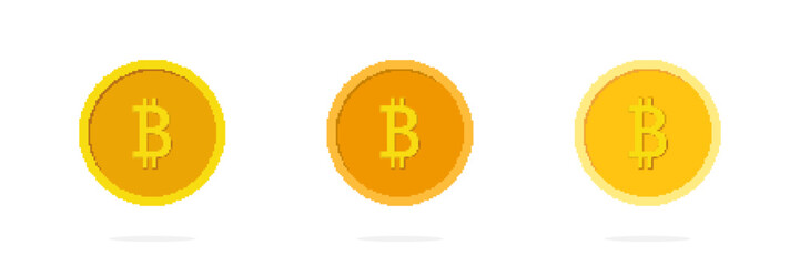 Golden Bitcoin Icon in Pixel Art Style Set. Digital Cryptocurrency for Blockchain Transactions. Gold Crypto Coin for Digital Economy. Isolated Vector Illustration