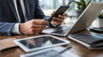 Middle-aged professional man using smartphone, laptop, tablet on desk - busy office work, business meeting preparation