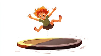 a 2D cartoon illustration of a child doing somersaults on a trampoline, fun and energetic, white...