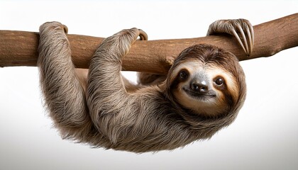 Fototapeta premium A sloth hanging from a branch, showcasing its adorable expression a white background.