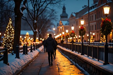 Obraz premium Cozy Christmas night scene on a pedestrian bridge with white lights, colorful wreaths on lamp posts, snow-covered path, small decorated Christmas trees, and people strolling in winter coats