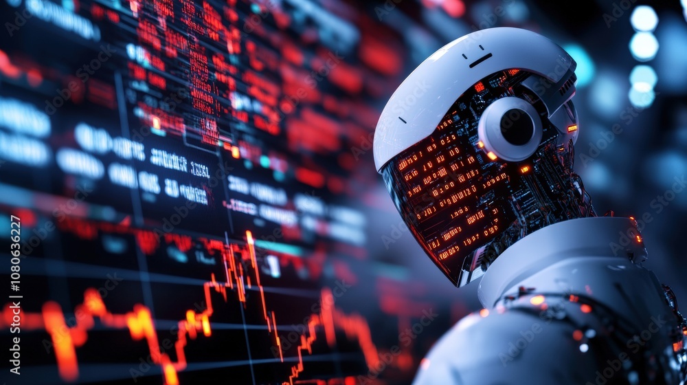 Poster futuristic ai robot analyzing complex data patterns on a digital screen, depicting advanced technolo