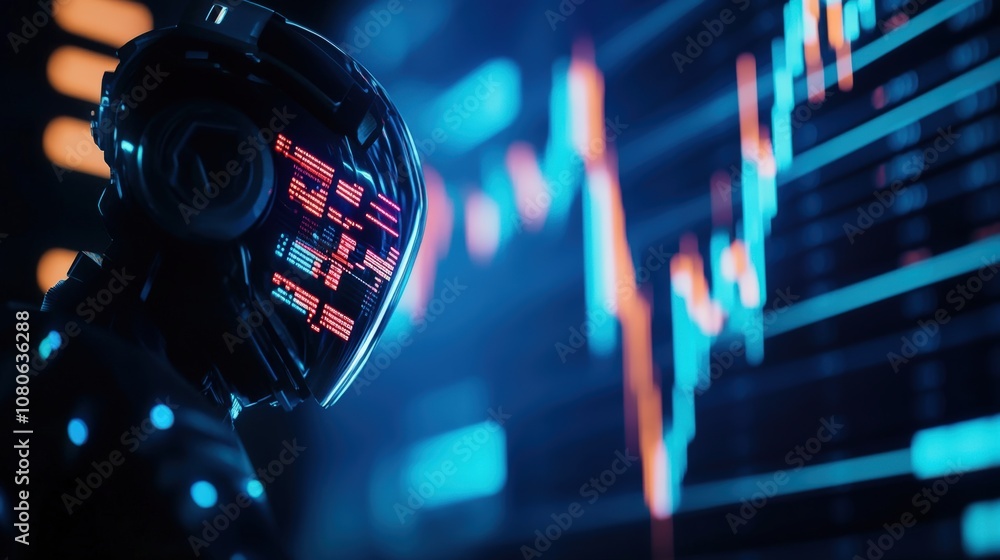 Poster futuristic ai robot analyzing digital stock market data with glowing charts and graphs in background