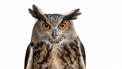 Obraz premium A majestic owl with striking orange eyes and detailed feathers a white background.