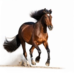 A majestic brown horse galloping with grace and power a white background.