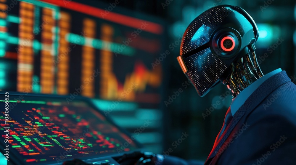 Poster futuristic ai robot analyzing financial data on screens in a technology-driven stock market environm