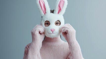 Quadrober girl in bunny costume with fluffy ears and pink sweater on light blue background. Concept of cuteness and playful whimsy.