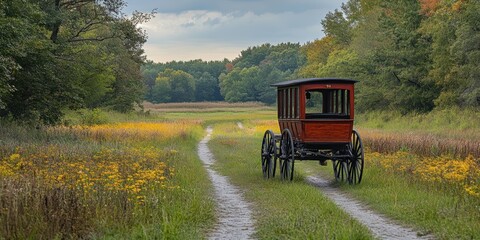 Fototapeta premium A beautifully serene country scene featuring a classic horse-drawn carriage on a narrow dirt path surrounded by lush green trees and wildflowers