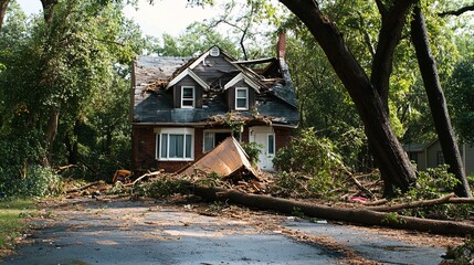Fallen trees damaging house after severe storm, showing devastation and destruction